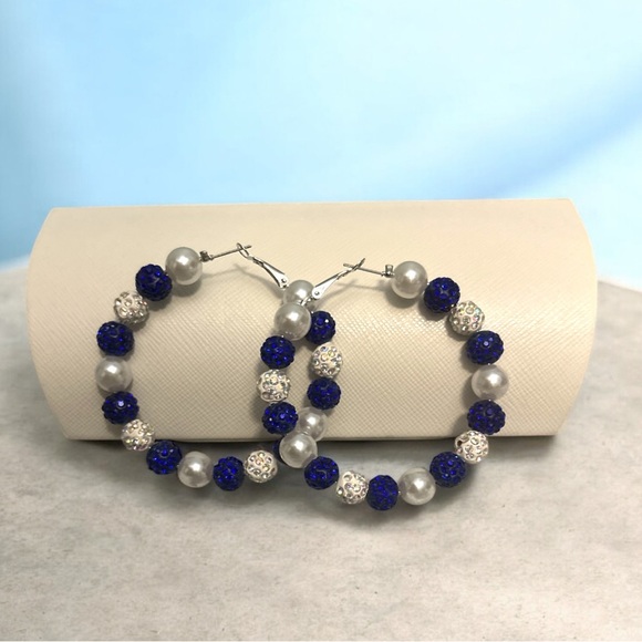 Blue, White & Silver Beaded Hoop Earrings - Picture 2 of 3